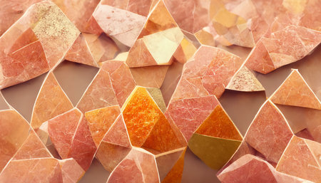 A background texture of soft colored geometric shapes in orange, yellow, pink and patina green.の写真素材