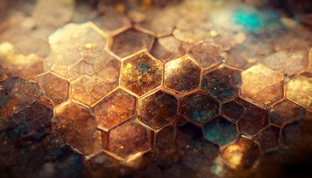 An abstract Meta Steampunk style Honeycomb background illustration with rusty red, yellow, copper...