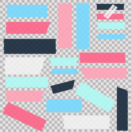Washi tapes. Semi-transparent pieces of ribbons. Blue, pink, black, white and green pieces of washi tape with torn edges. Set of adhesive ribbons isolated on a transparent background.のイラスト素材