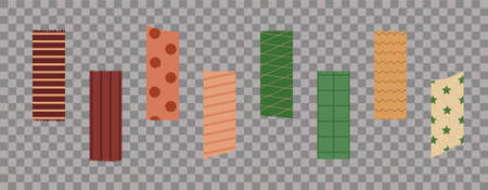 Washi tape. Pieces of ribbons with patterns. Beige, burgundy and green pieces of washi tape with torn edges. Set of eight pastel ribbons isolated on a transparent background.のイラスト素材