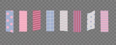 Washi tape. Pieces of ribbons with patterns. Pink, blue and white pieces of washi tape with torn edges. Set of eight pastel scrapbooking ribbons isolated on a transparent background.のイラスト素材