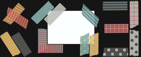 Washi tape. Semi-transparent pieces of ribbons with patterns.Blue, pink, yellow and gray pieces of washi tape with torn edges. Set of sixteen pastel scrapbooking ribbons isolated on a black backgroundのイラスト素材