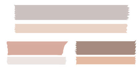 Washi tapes. Semi-transparent pieces of ribbons. Pink, warm colors of pieces of washi tape with torn edges. Set of adhesive scrapbooking ribbons isolated on a transparent background.のイラスト素材
