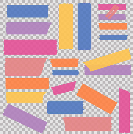 Washi tapes. Semi-transparent pieces of ribbons. Blue, pink, yellow, orange and purple pieces of washi tape with torn edges. Set of adhesive ribbons isolated on a transparent background.のイラスト素材
