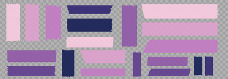 Washi tapes. Semi-transparent pieces of ribbons. Blue, pink and purple pieces of washi tape with torn edges. Set of adhesive ribbons isolated on a transparent background.のイラスト素材