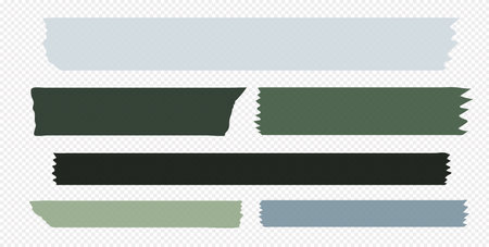 Washi tapes. Semi-transparent pieces of ribbons. Green, cool colors of pieces of washi tape with torn edges. Set of adhesive scrapbooking ribbons isolated on a transparent background.のイラスト素材