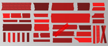 Washi tapes. Semi-transparent pieces of ribbons. Red, burgundy, colors of pieces of washi tape with torn edges. Set of adhesive scrapbooking ribbons isolated on a transparent background.のイラスト素材