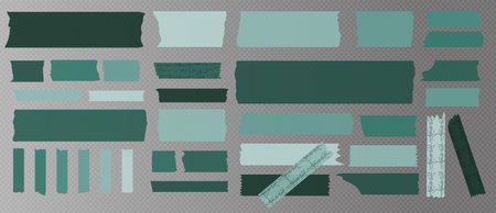 Washi tapes. Semi-transparent pieces of ribbons. Green, emerald colors of pieces of washi tape with torn edges. Set of adhesive scrapbooking ribbons isolated on a transparent background.のイラスト素材