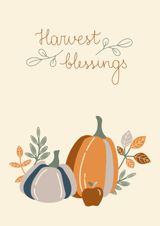 Thanksgiving greeting card with pumpkins, apples and leaves. Vector illustration.のイラスト素材