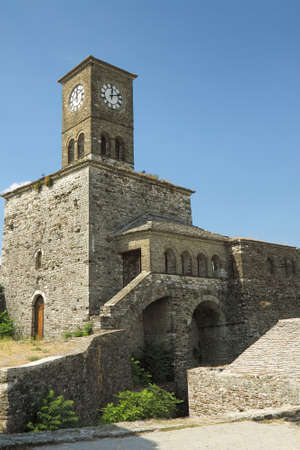 Clock tower of the citadel/fortress in ancient city of Gjirokastï¿½r, southern Albaniaの写真素材