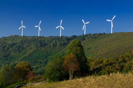 Spain, Galicia,  row of wind turbines on a hill, morning lightの写真素材