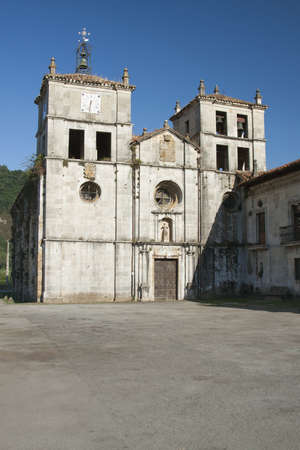 Spain, Asturias, Cornellana, Abbey Church, square in afternoon lightの写真素材