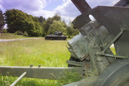 Poland, Zachodniopomorskie, Zdbice, WW II Military Gear Open Air Museum, cannon and tank, former...
