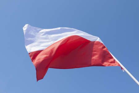Single Polish flag flyung against blue sky, sunlitの写真素材