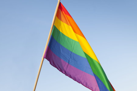 Gay Pride Flag against clear sky, sunlit