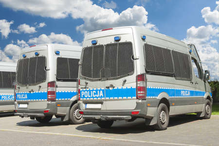 Police vans, sunlit, seen from the rear, Polandのeditorial素材
