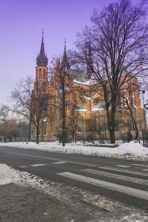 Poland, Radom, snow covered Cathedral, sunlit, Winterのeditorial素材