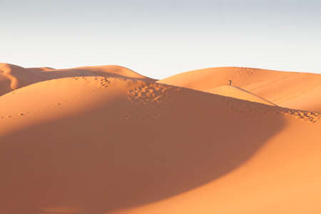 Erg Chebbi dunes at Sahara desert, Morocco, sunlit at sunriseの写真素材