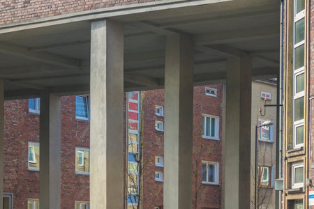Housing Estate in Slowianski Square, Zabrze, Upper Silesia, Poland, sunlit in early springの写真素材