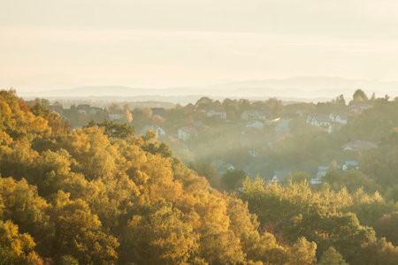 Poland, Malopolska, off Krakow,Rudawa River Valley seen from Skaly Kmity Height in October, afternoon lightの写真素材