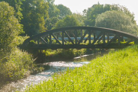 Poland, Upper Silesia, Gliwice, Chrobry Park, Disused Rail Bridge over Klodnica River, sunlit in...