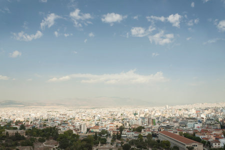 Greece, Athens, Panorama seen from Hill of Areopagus to the north, sunlit, mountain range in the backgroundの写真素材