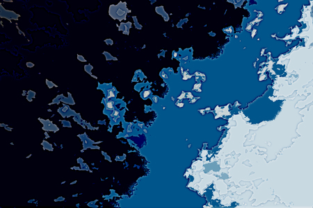 White and blue  background texture. Abstract map with north shoreline, sea, ocean, ice, mountains, clouds. View from height of the bird's flight. The surface of fantasy planet.の写真素材