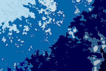 White and blue background texture. Abstract map with north shoreline, sea, ocean, ice, mountains, clouds. The surface of fantasy planet. Bird's-eye view.の写真素材