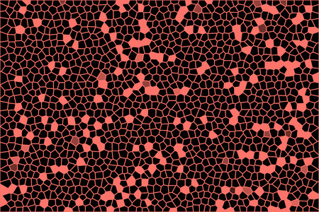 Living Coral color of the Year 2019. Abstract mosaic tile texture. Coral cells on black background. Geometric polygon shapes grid pattern.の写真素材