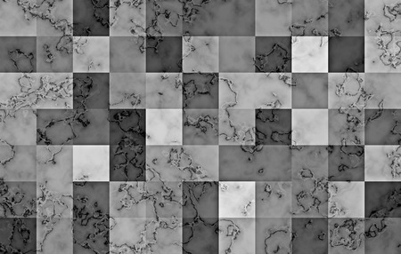 Marble textured with gradient geometric square blocks. Natural black and silver swirls and ripples on grey background. Abstract pattern.の写真素材