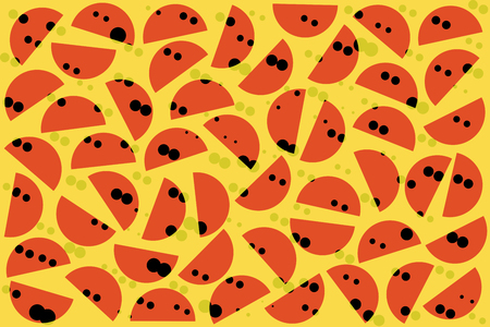 Black khaki random dots and red semicircles on yellow background. Abstract geometric shapes pattern in retro style, textile decor.の写真素材