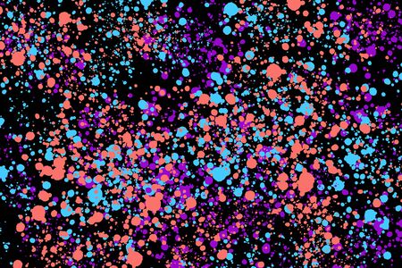 Neon cyan, purple and coral random round paint splashes on black background. Abstract colorful texture for web-design, website, presentations, digital printing, fashion or concept design.の写真素材