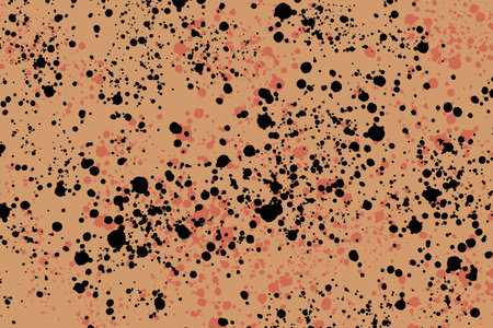 Bright black and coral random round ink splashes on terracotta  background. Abstract texture.の写真素材