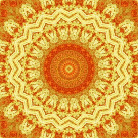 Kaleidoscopic geometric ornament in yellow and red tones. Decorative polygonal mosaic pattern. Mandala. Abstract backgroundの写真素材