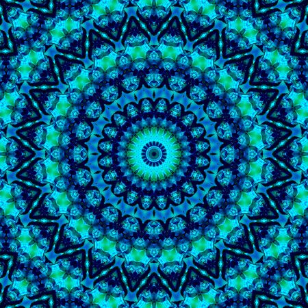 Floral kaleidoscopic pattern. Geometric ornament . Mandala . Abstract background in blue and green tonesの写真素材