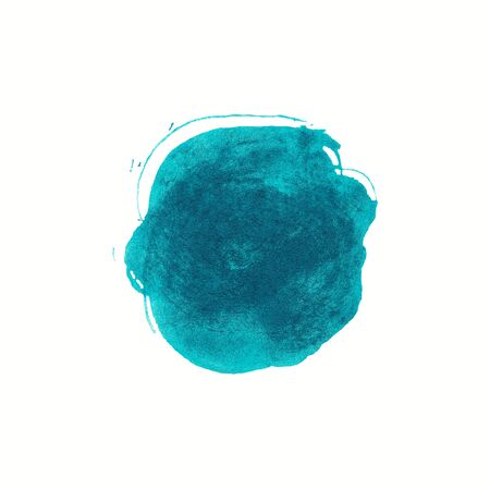 Abstract cyan watercolor background. Colorful aquarelle paint texture. Round brush stroke isolated on white . Vivid ink stain pattern. Paint splash.の写真素材