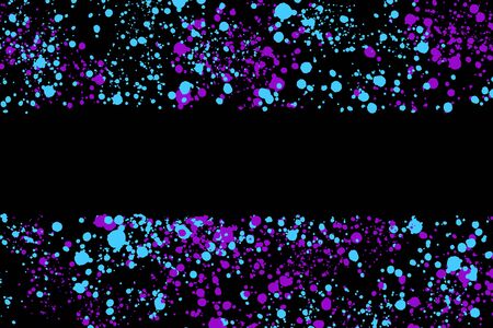 Neon cyan and purple paint splashes on black background. Template with a place for your text. Abstract texture for web-design, digital printing or concept design.の写真素材