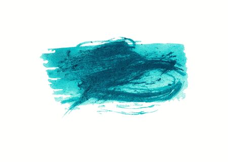 Brush stroke of paint in blue and cyan tones isolated on white background. Artistic textured shape. Hand painted watercolor illustrationの写真素材
