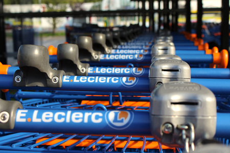 FRANCE - September 27, 2015: Cart of the Leclerc brand. Leclerc is a broad retail chain in food predominance of French origin.のeditorial素材