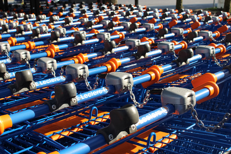FRANCE - September 27, 2015: Cart of the Leclerc brand. Leclerc is a broad retail chain in food predominance of French origin.のeditorial素材