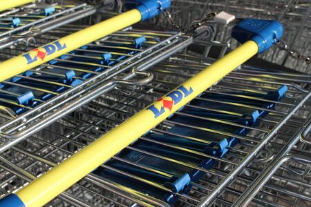 FRANCE - August 30, 2015: Cart of the Lidl brand. Lidl is a German hard-discount company. It has about 9900 stores.のeditorial素材
