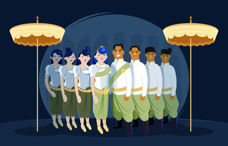 Traditional Khmer wedding couple and there family wearing green and white outfit as well as golden jewellery and accessories. In a modern vector flat-design.のイラスト素材