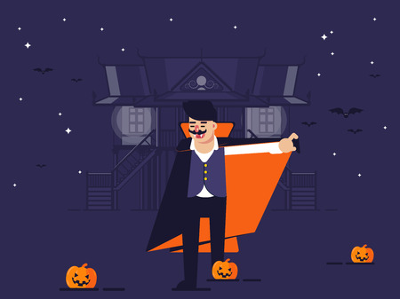 Khmer Vampire ready for Halloween parties, in front of a traditional tilts Khmer house setup in a deep purple night of Cambodia Kingdom.のイラスト素材