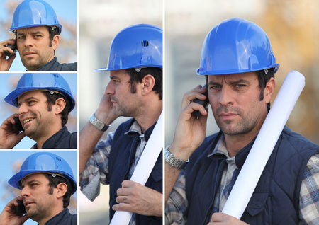 snapshots of young man with blue safety helmet on the phone