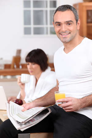 couple having breakfastの写真素材