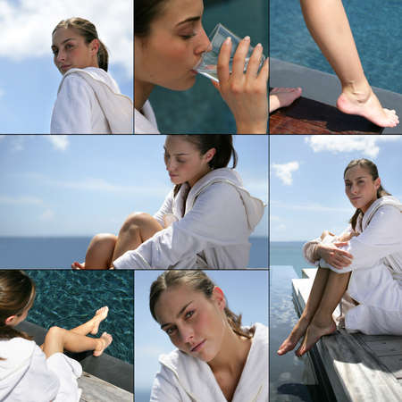 young woman resting and facing the seaの写真素材