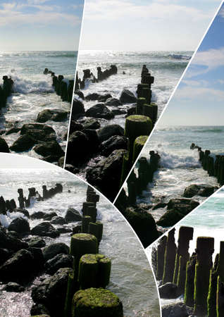 sea, rocks and sticks for farmed musselsの写真素材