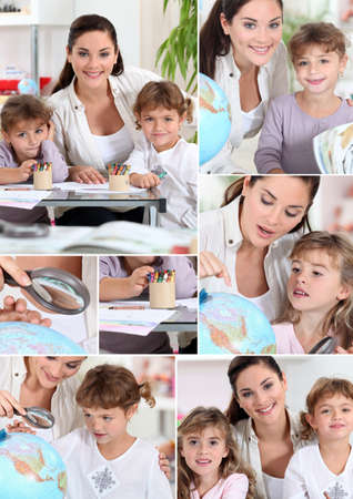 Baby-sitter and little girls doing homeworkの写真素材
