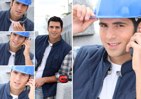 Montage of a construction worker with a walkie talkieの写真素材