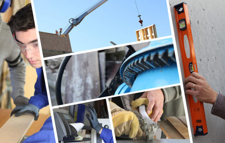 Construction collage with closeup details of carpentryの写真素材